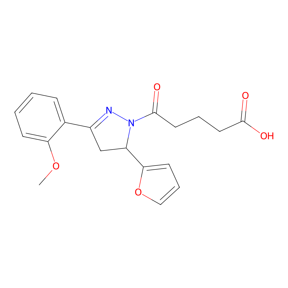 5-[3-(Furan-2-yl)-5-(2-methoxyphenyl)-3,4-dihydropyrazol-2-yl]-5-oxopentanoic acid molecular structure, CAS 438482-04-3
