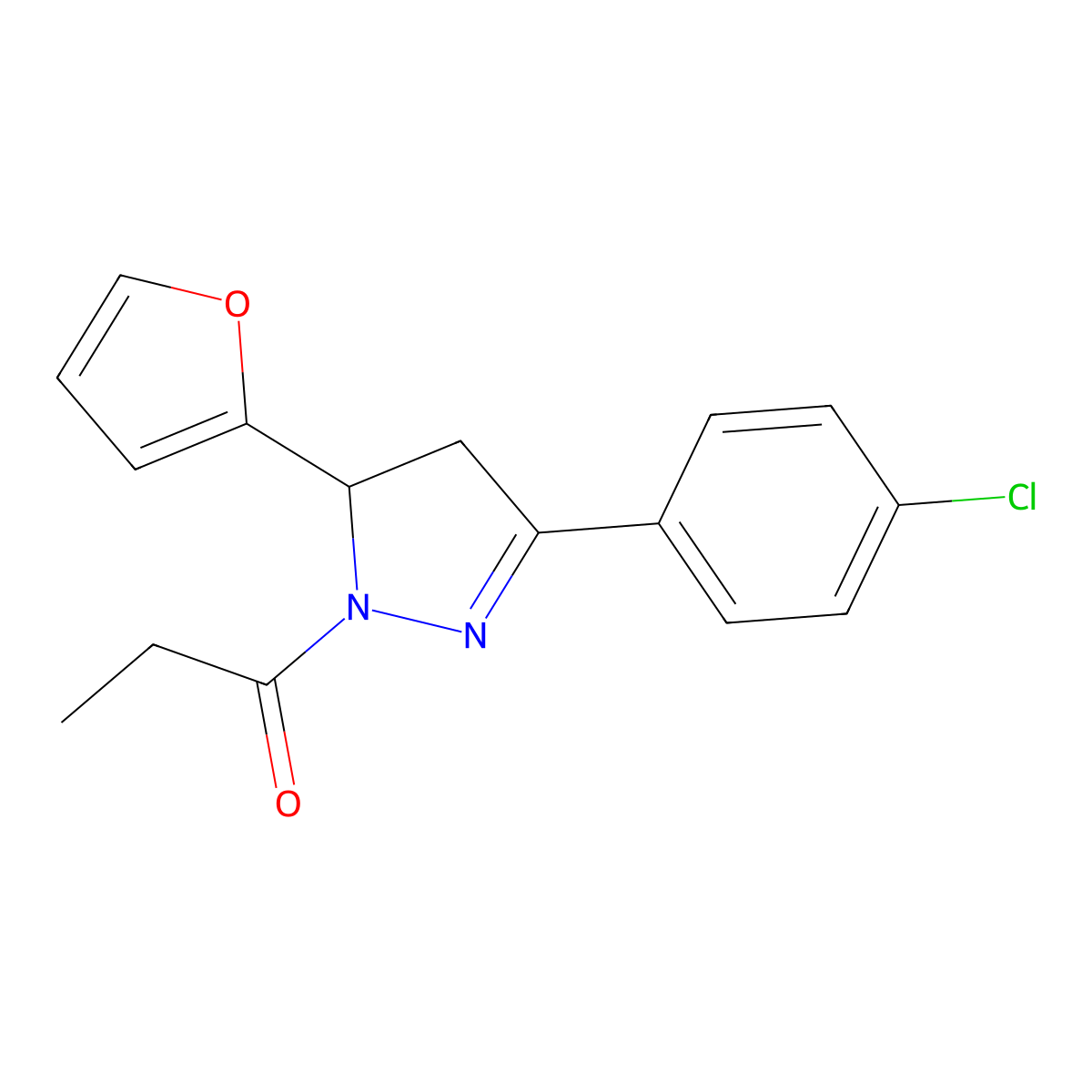 1-[5-(4-Chlorophenyl)-3-(furan-2-yl)-3,4-dihydropyrazol-2-yl]propan-1-one molecular structure, CAS 438482-13-4