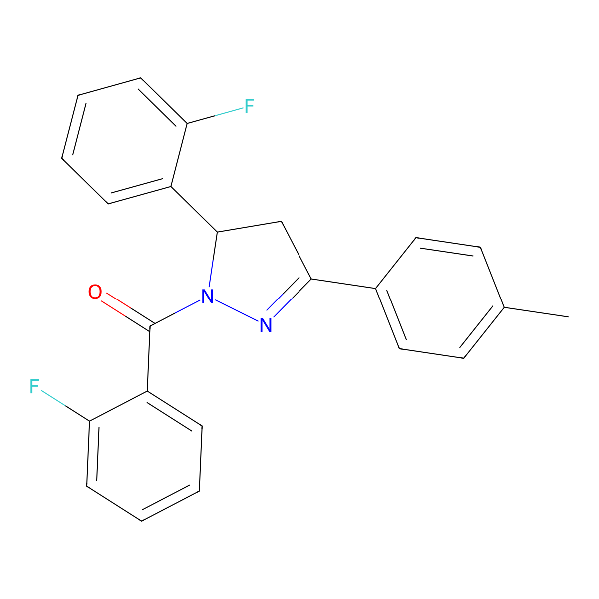 (2-Fluorophenyl)-[3-(2-fluorophenyl)-5-(4-methylphenyl)-3,4-dihydropyrazol-2-yl]methanone molecular structure, CAS 438482-25-8