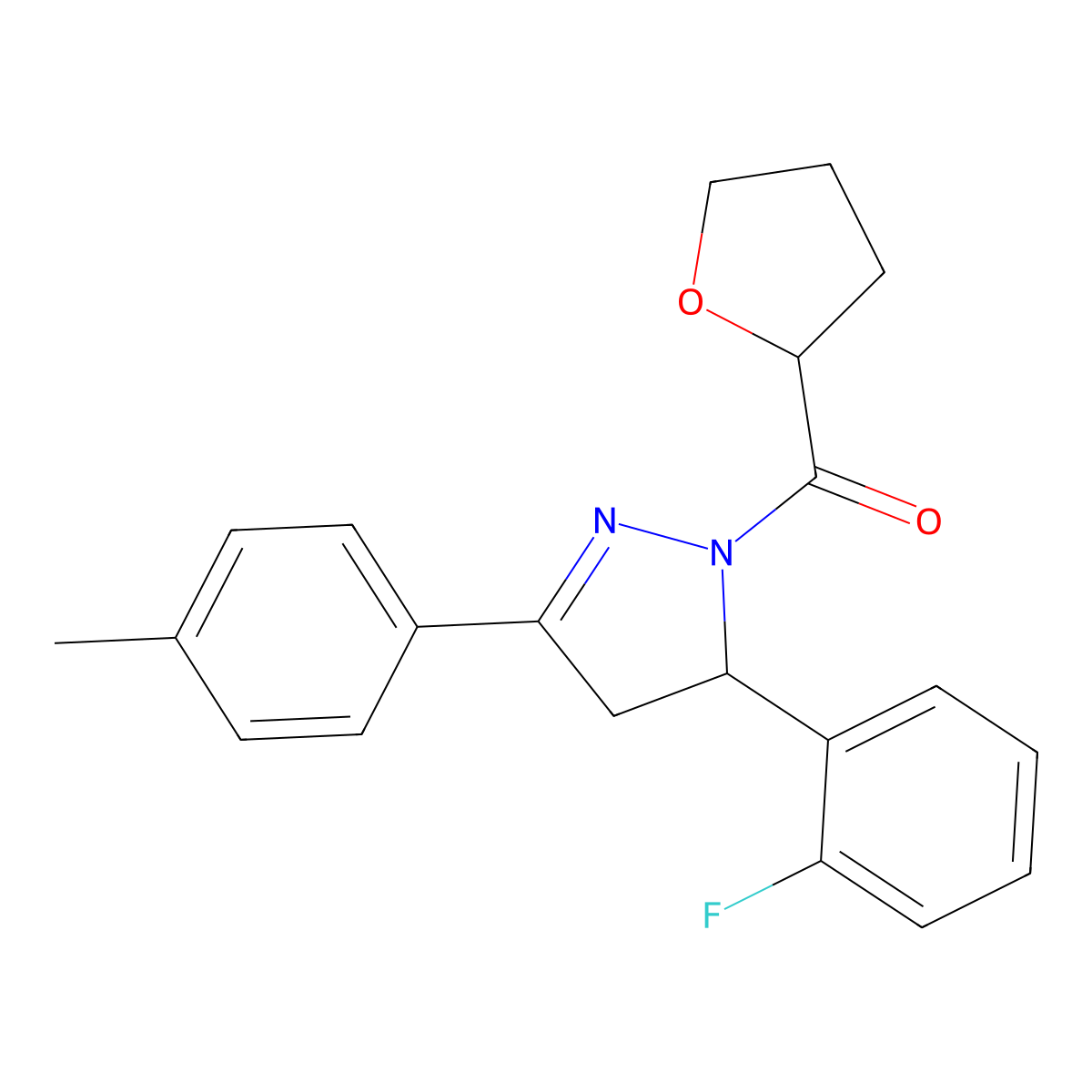 (5-(2-fluorophenyl)-3-(p-tolyl)-4,5-dihydro-1H-pyrazol-1-yl)(tetrahydrofuran-2-yl)methanone molecular structure, CAS 438482-37-2