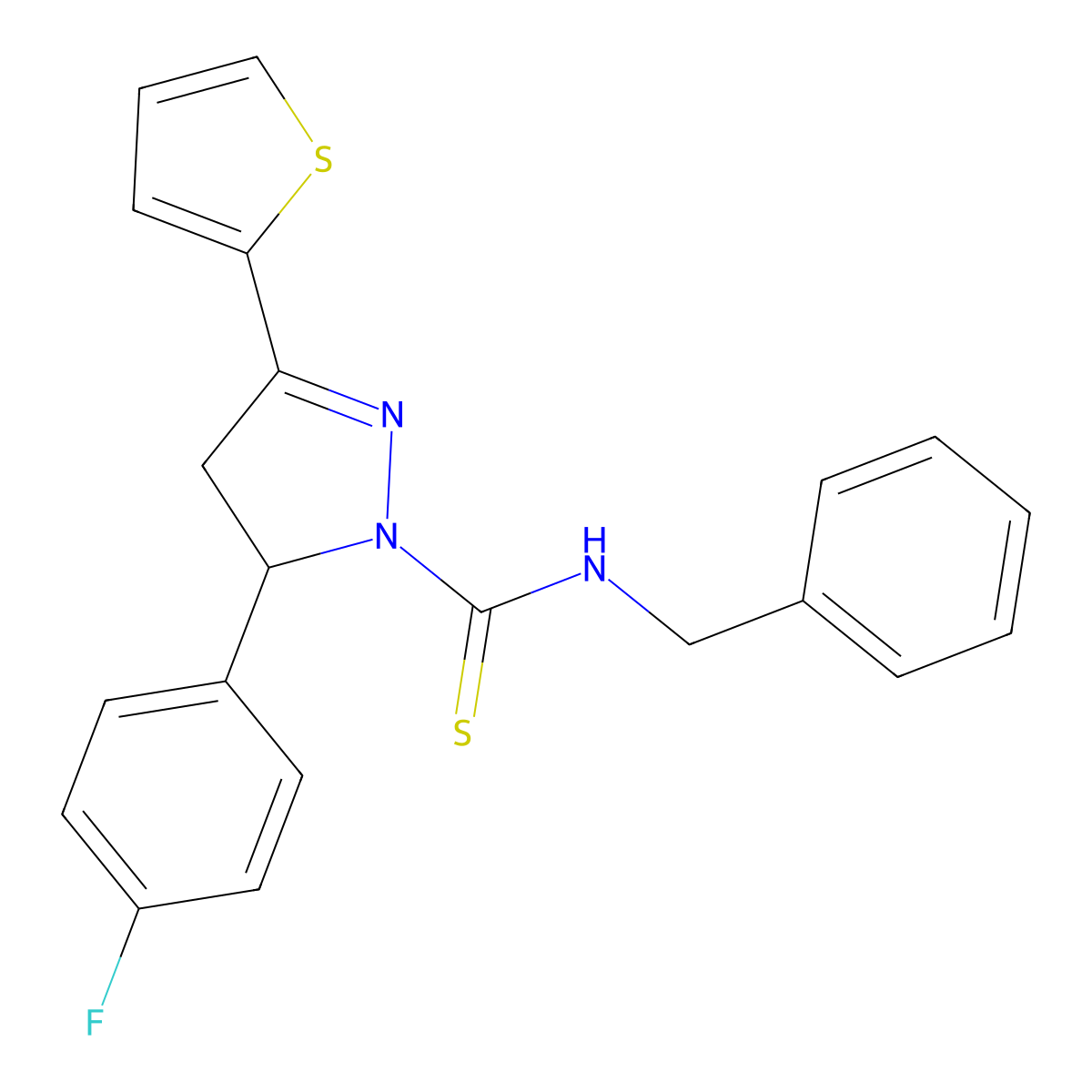 N-benzyl-3-(4-fluorophenyl)-5-thiophen-2-yl-3,4-dihydropyrazole-2-carbothioamide molecular structure, CAS 438482-43-0