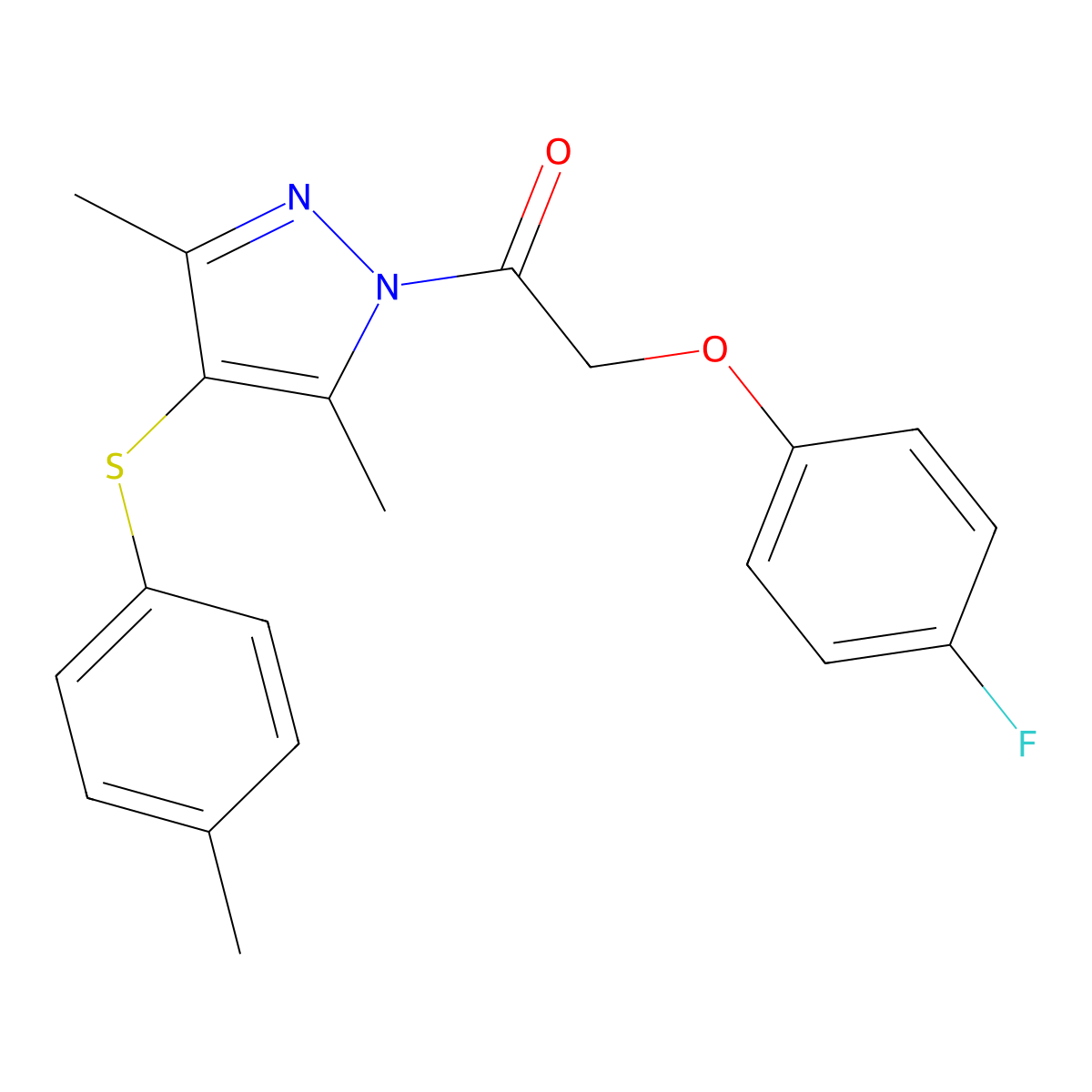 1-(3,5-dimethyl-4-(p-tolylthio)-1H-pyrazol-1-yl)-2-(4-fluorophenoxy)ethanone molecular structure, CAS 438482-45-2