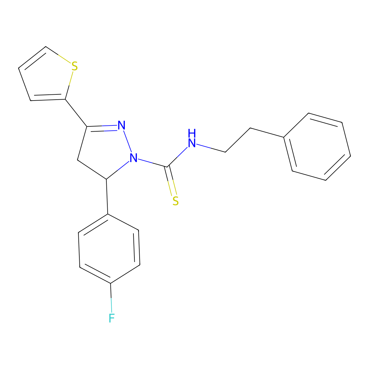 5-(4-fluorophenyl)-N-(2-phenylethyl)-3-(thiophen-2-yl)-4,5-dihydro-1H-pyrazole-1-carbothioamide molecular structure, CAS 438482-46-3