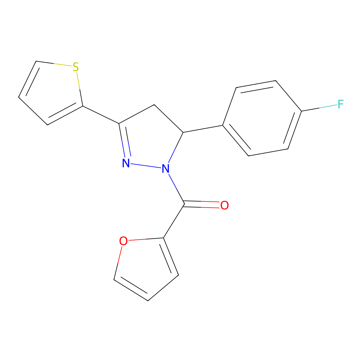 5-(4-fluorophenyl)-1-(2-furoyl)-3-(2-thienyl)-4,5-dihydro-1H-pyrazole molecular structure, CAS 438482-49-6