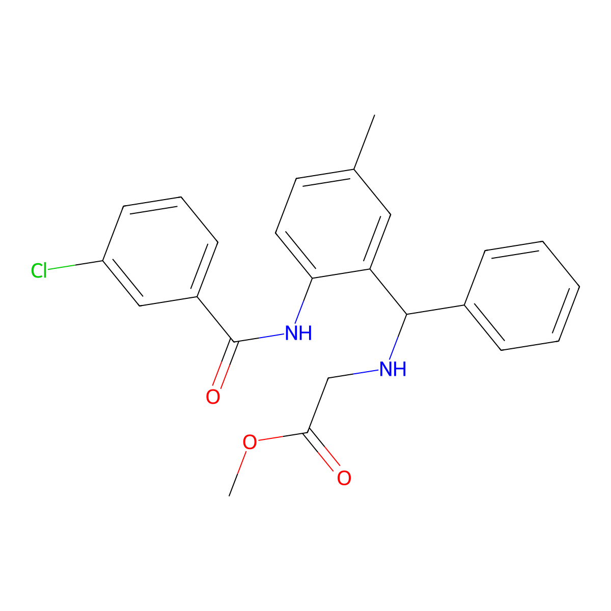 Methyl 2-({[2-(3-chlorobenzamido)-5-methylphenyl](phenyl)methyl}amino)acetate molecular structure, CAS 438483-70-6