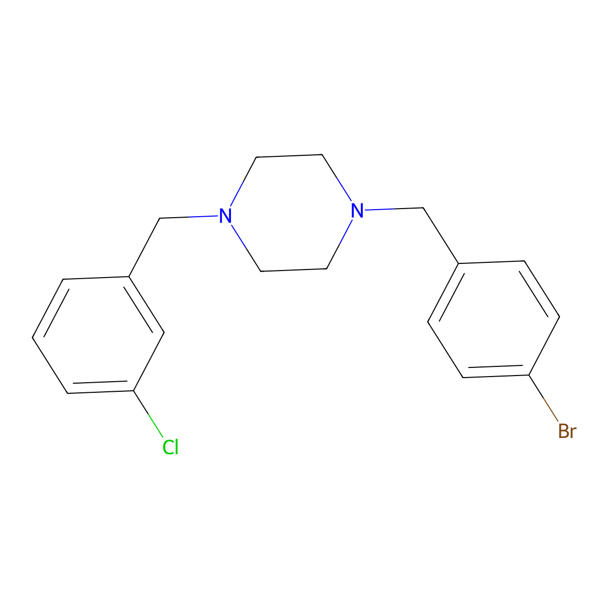 1-[(4-Bromophenyl)methyl]-4-[(3-chlorophenyl)methyl]piperazine molecular structure, CAS 438484-18-5