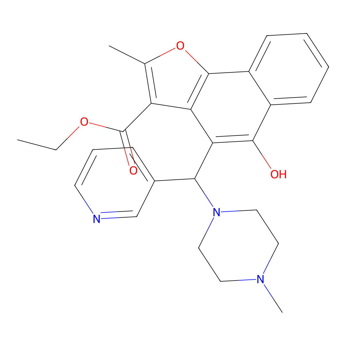 Ethyl 5-hydroxy-2-methyl-4-((4-methylpiperazin-1-yl)(pyridin-3-yl)methyl)naphtho[1,2-b]furan-3-carboxylate molecular structure, CAS 438484-78-7