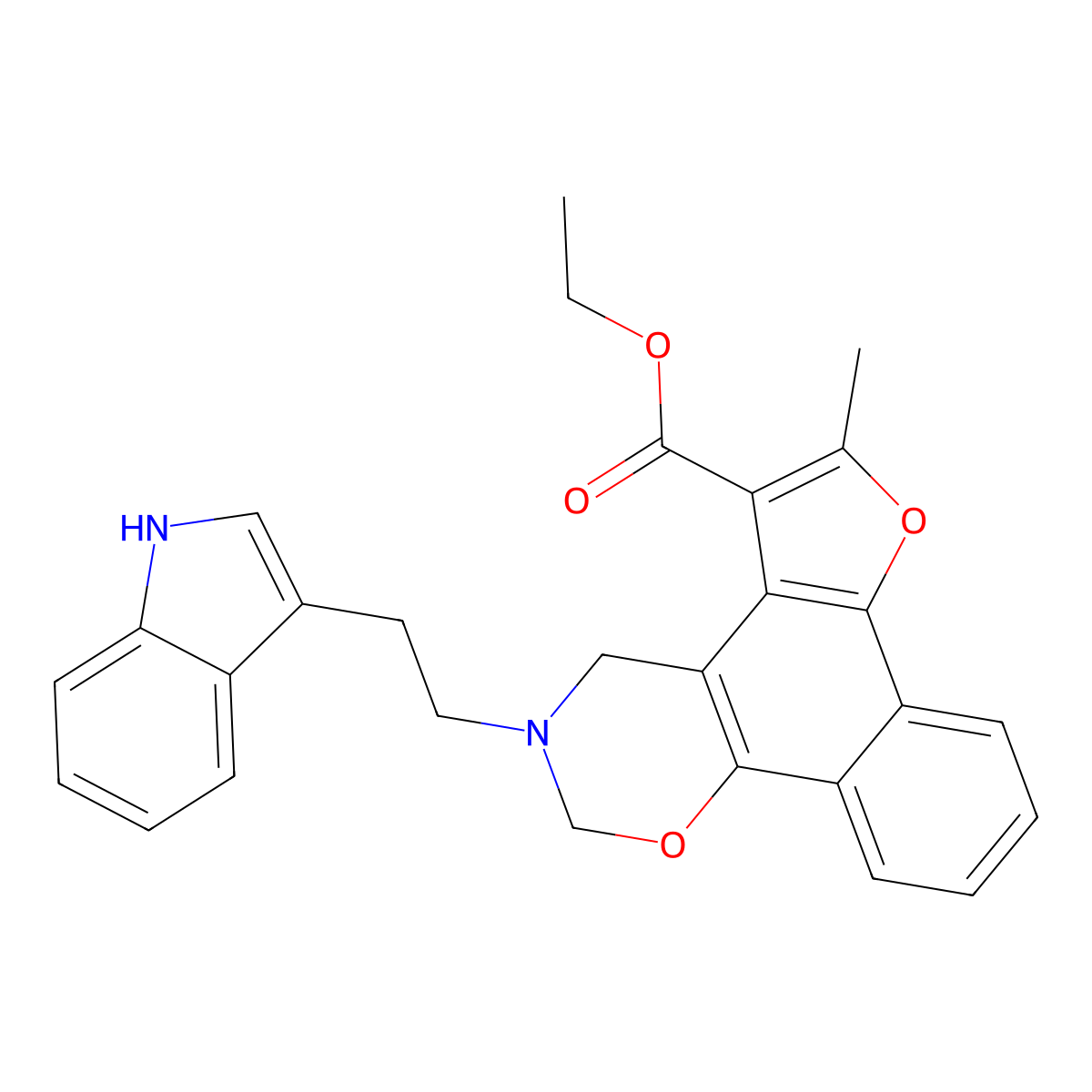 ethyl 3-(2-(1H-indol-3-yl)ethyl)-6-methyl-3,4-dihydro-2H-furo[3',2':3,4]naphtho[2,1-e][1,3]oxazine-5-carboxylate molecular structure, CAS 438486-14-7