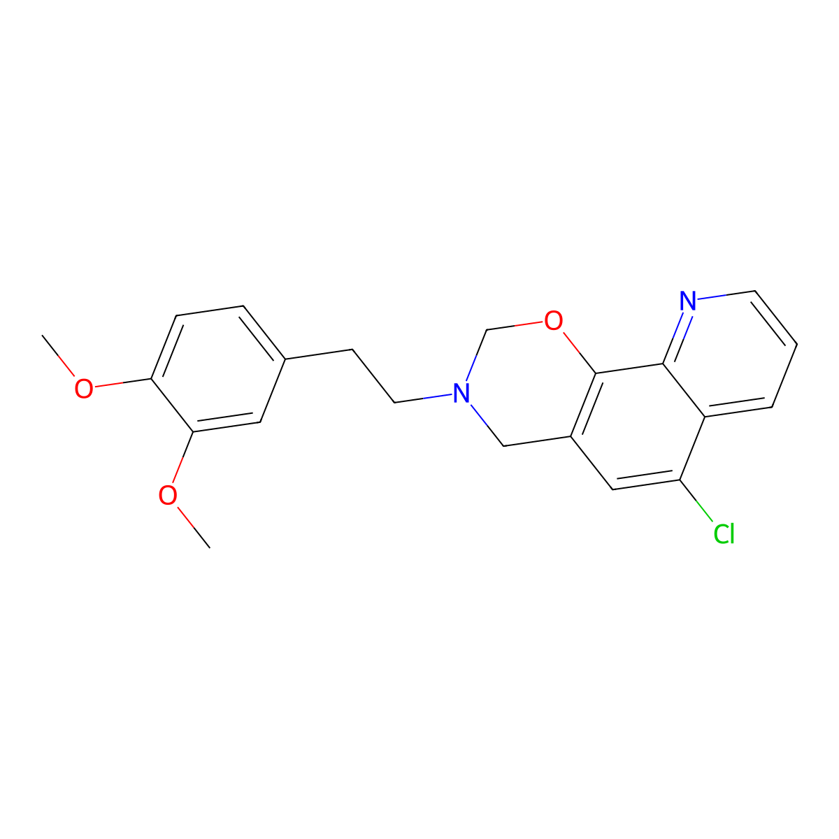 6-chloro-3-(3,4-dimethoxyphenethyl)-3,4-dihydro-2H-[1,3]oxazino[5,6-h]quinoline molecular structure, CAS 438486-25-0