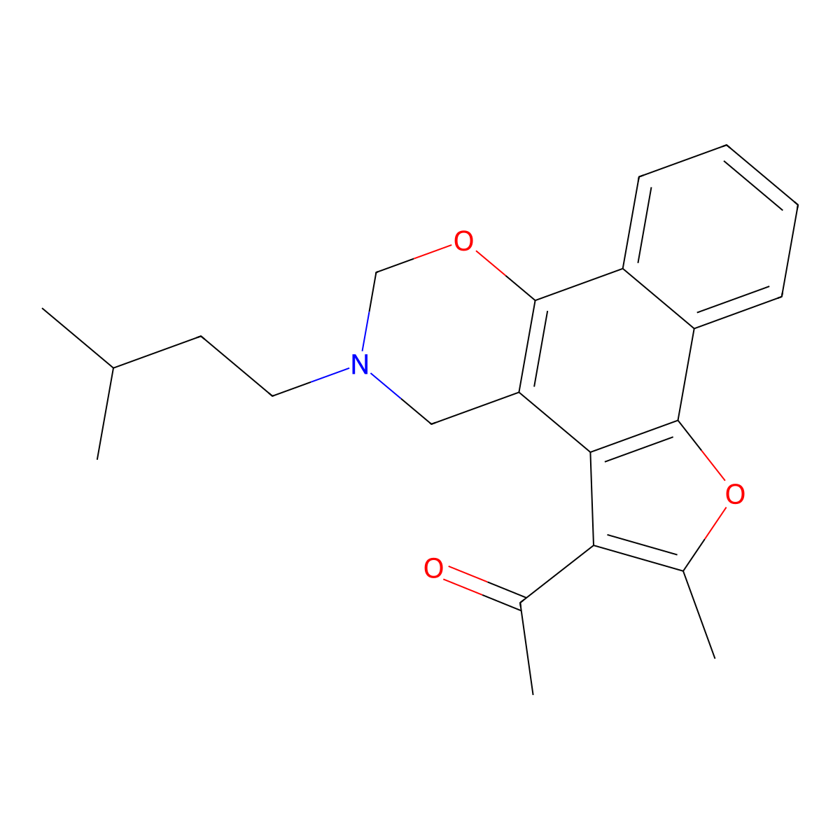 1-(3-isopentyl-6-methyl-3,4-dihydro-2H-furo[3',2':3,4]naphtho[2,1-e][1,3]oxazin-5-yl)ethanone molecular structure, CAS 438486-65-8