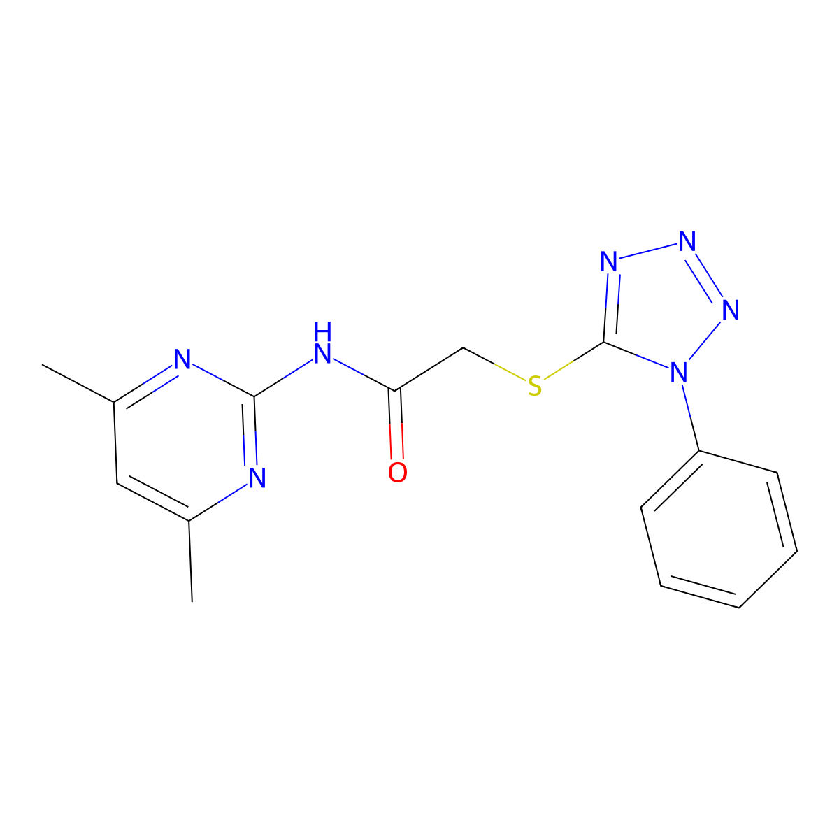 N-(4,6-dimethylpyrimidin-2-yl)-2-(1-phenyltetrazol-5-yl)sulfanylacetamide molecular structure, CAS 438486-70-5
