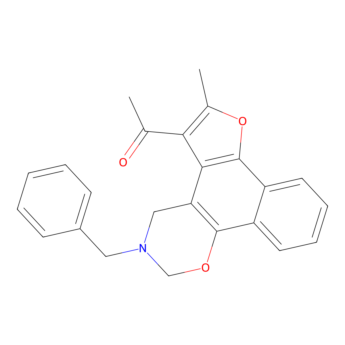 1-(3-benzyl-6-methyl-3,4-dihydro-2H-furo[3',2':3,4]naphtho[2,1-e][1,3]oxazin-5-yl)ethanone molecular structure, CAS 438486-77-2