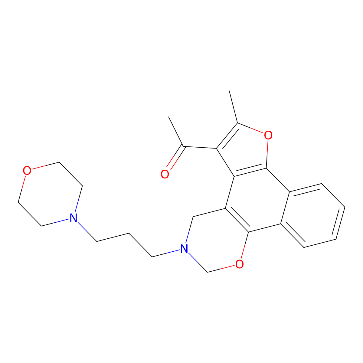 1-(6-methyl-3-(3-morpholinopropyl)-3,4-dihydro-2H-furo[3',2':3,4]naphtho[2,1-e][1,3]oxazin-5-yl)ethanone molecular structure, CAS 438486-98-7