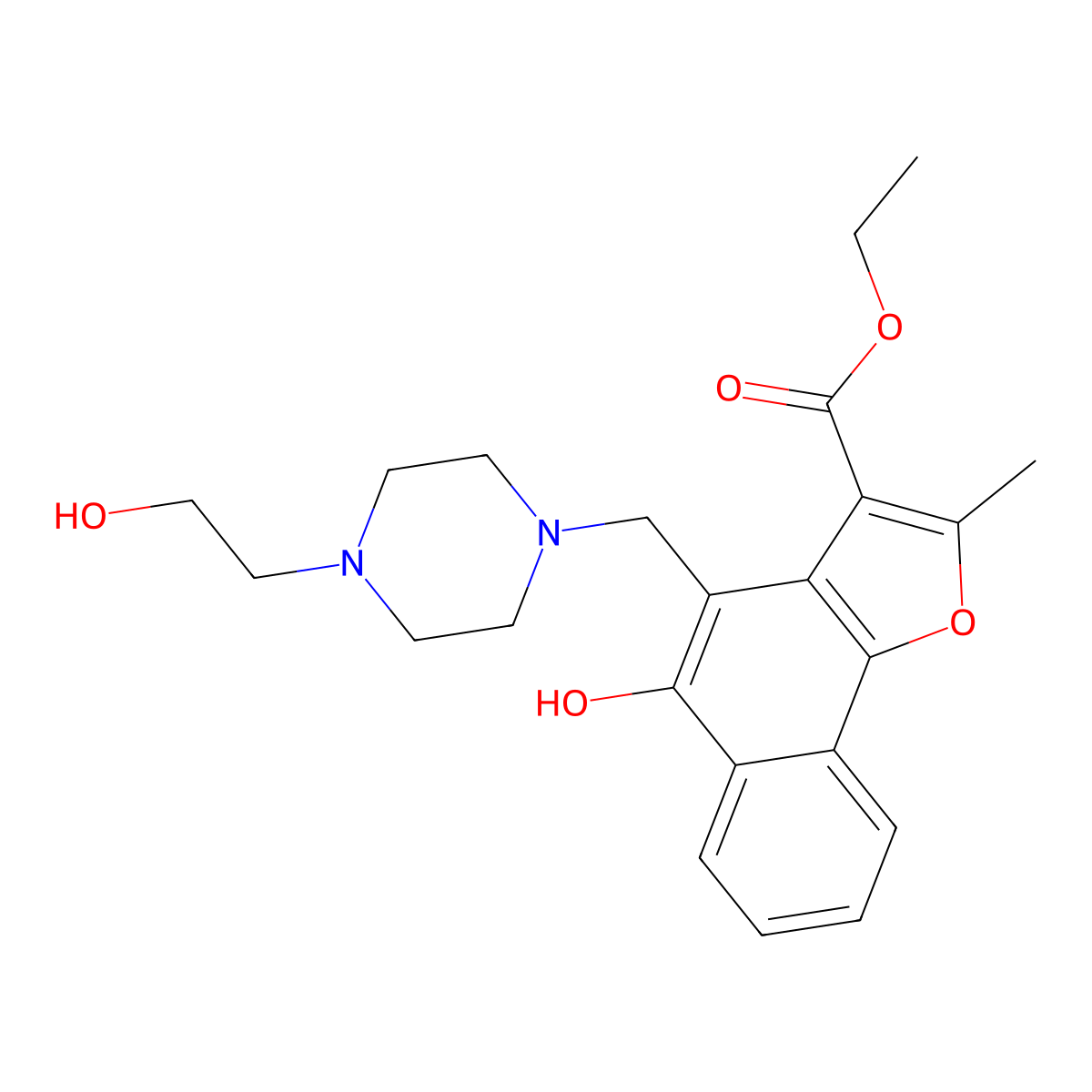 Ethyl 5-hydroxy-4-{[4-(2-hydroxyethyl)piperazin-1-yl]methyl}-2-methylnaphtho[1,2-b]furan-3-carboxylate molecular structure, CAS 438488-38-1