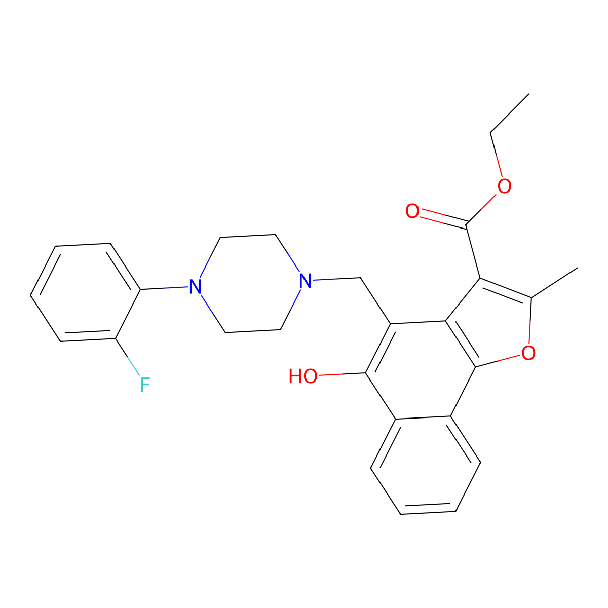 Ethyl 4-{[4-(2-fluorophenyl)piperazin-1-yl]methyl}-5-hydroxy-2-methylnaphtho[1,2-b]furan-3-carboxylate molecular structure, CAS 438488-42-7