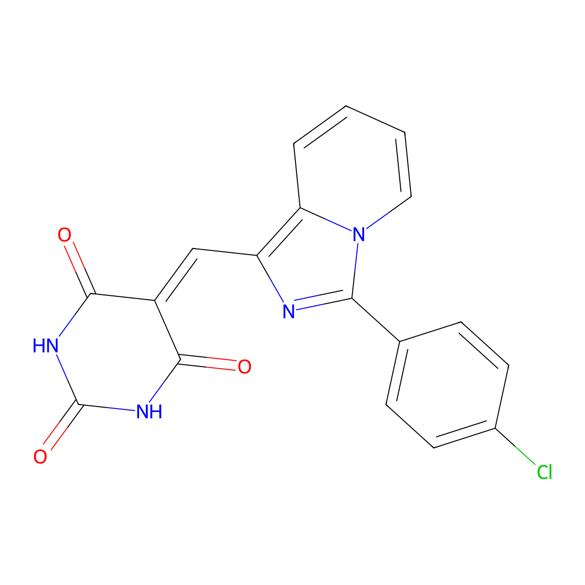 5-((3-(4-chlorophenyl)imidazo[1,5-a]pyridin-1-yl)methylene)pyrimidine-2,4,6(1H,3H,5H)-trione molecular structure, CAS 438489-57-7