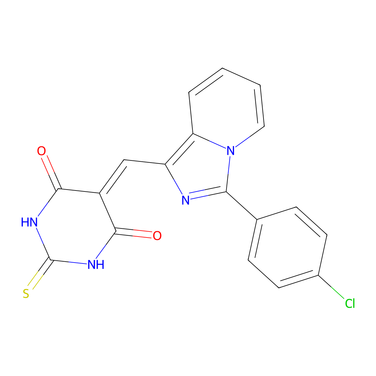 5-((3-(4-chlorophenyl)imidazo[1,5-a]pyridin-1-yl)methylene)-2-thioxodihydropyrimidine-4,6(1H,5H)-dione molecular structure, CAS 438489-59-9