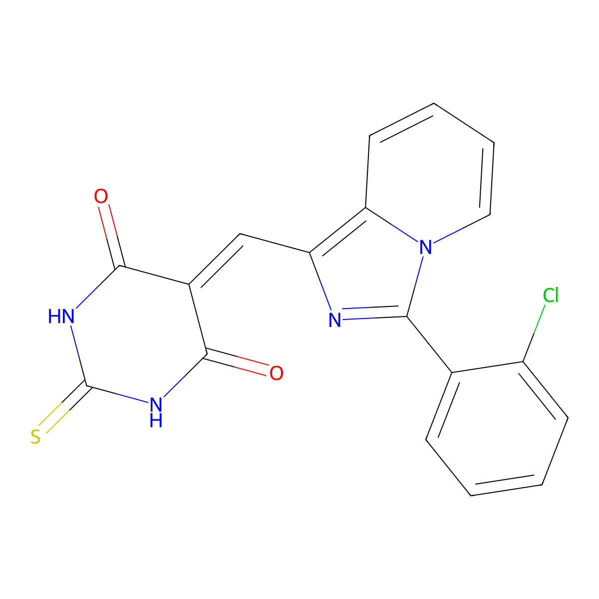 5-((3-(2-chlorophenyl)imidazo[1,5-a]pyridin-1-yl)methylene)-2-thioxodihydropyrimidine-4,6(1H,5H)-dione molecular structure, CAS 438489-67-9