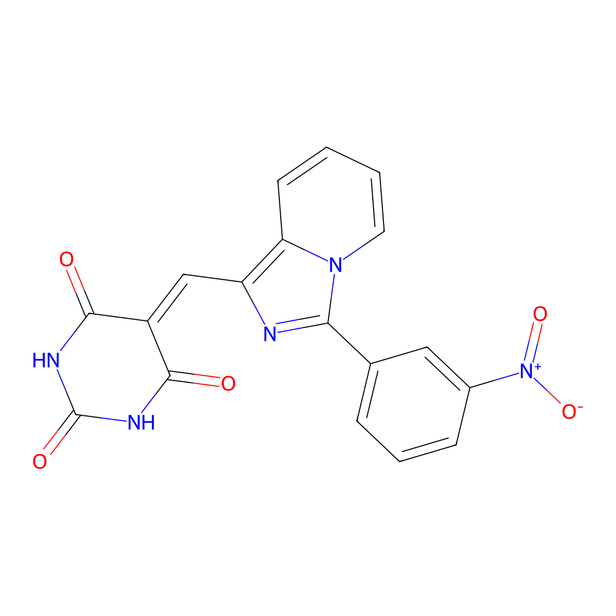 5-((3-(3-nitrophenyl)imidazo[1,5-a]pyridin-1-yl)methylene)pyrimidine-2,4,6(1H,3H,5H)-trione molecular structure, CAS 438489-69-1