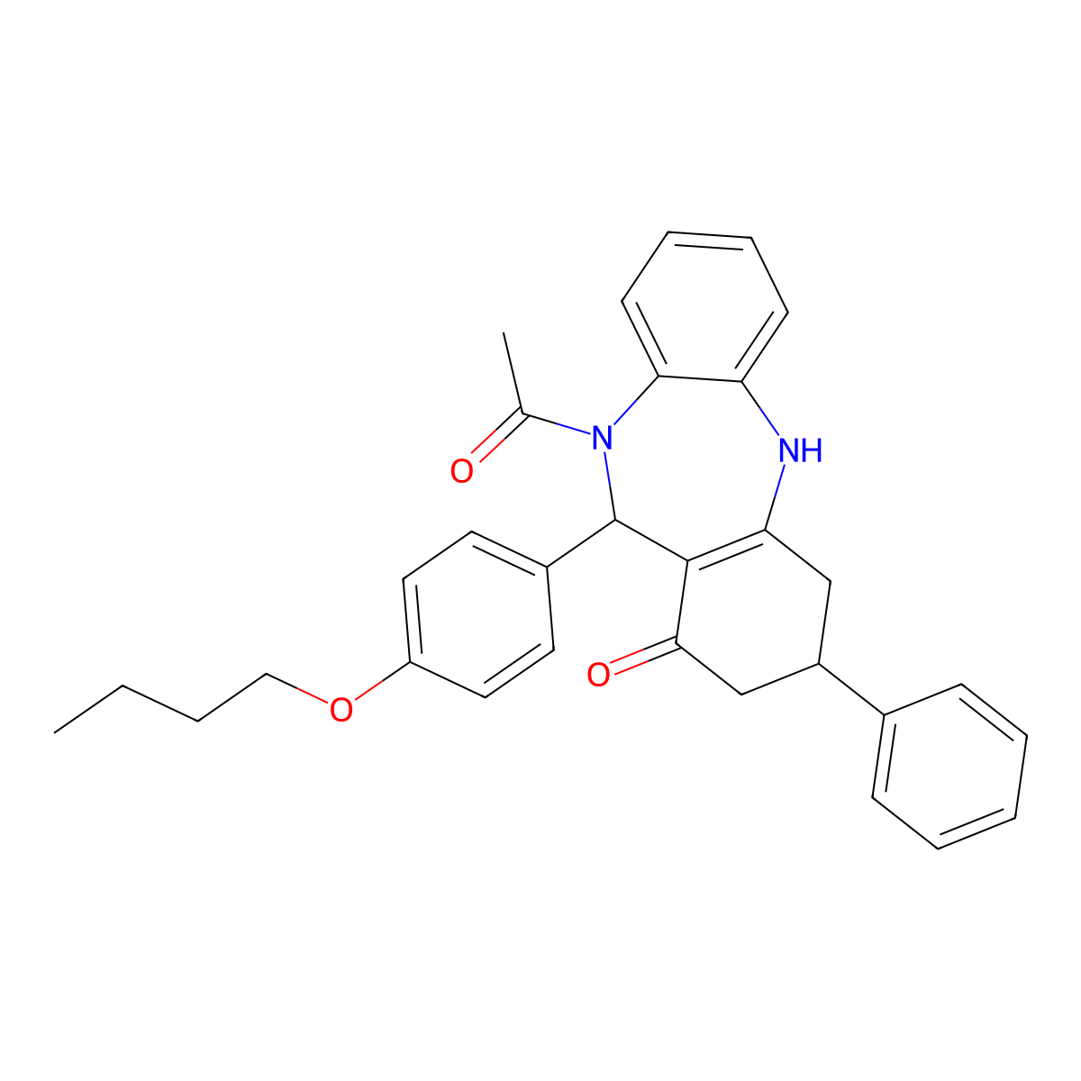 10-acetyl-11-(4-butoxyphenyl)-3-phenyl-2,3,4,5,10,11-hexahydro-1H-dibenzo[b,e][1,4]diazepin-1-one molecular structure, CAS 438528-35-9