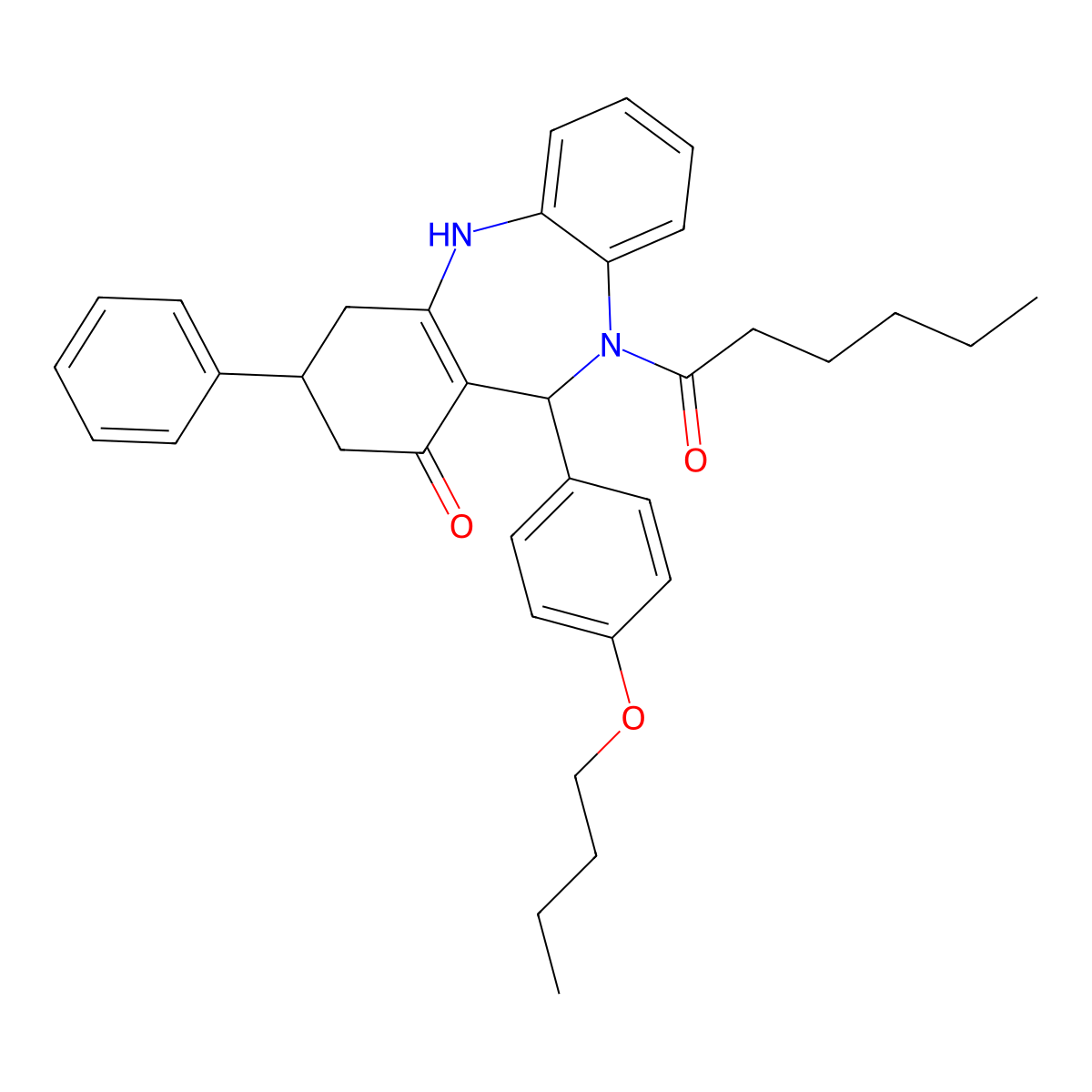 6-(4-butoxyphenyl)-5-hexanoyl-9-phenyl-8,9,10,11-tetrahydro-6H-benzo[b][1,4]benzodiazepin-7-one molecular structure, CAS 438528-36-0