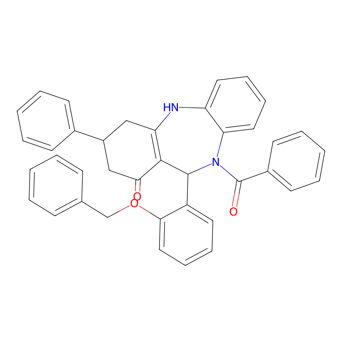5-benzoyl-9-phenyl-6-(2-phenylmethoxyphenyl)-8,9,10,11-tetrahydro-6H-benzo[b][1,4]benzodiazepin-7-one molecular structure, CAS 438528-38-2