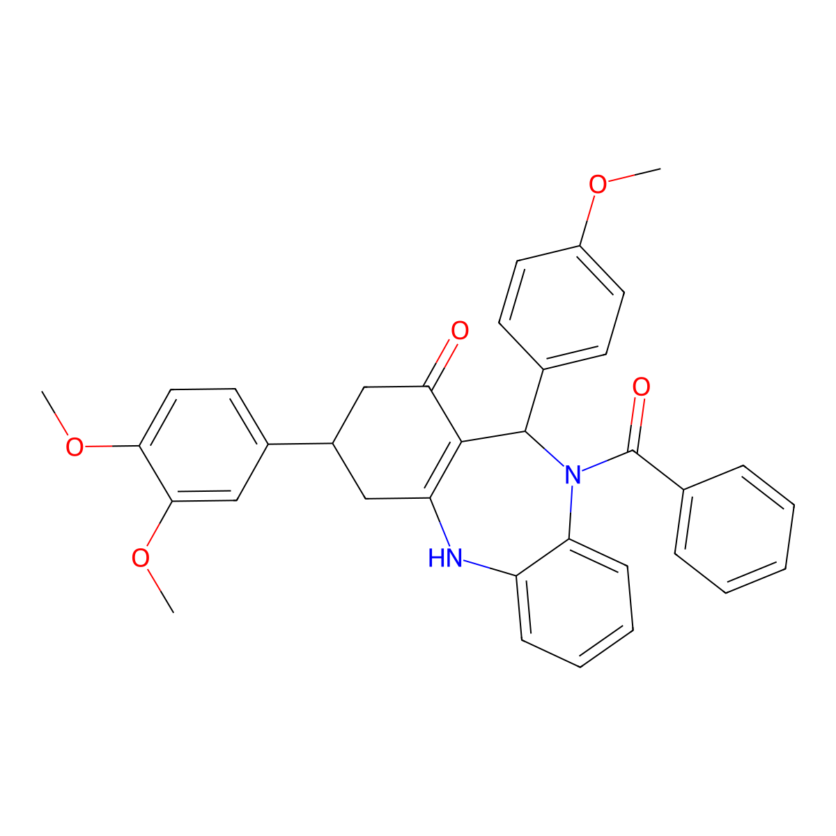 5-benzoyl-9-(3,4-dimethoxyphenyl)-6-(4-methoxyphenyl)-8,9,10,11-tetrahydro-6H-benzo[b][1,4]benzodiazepin-7-one molecular structure, CAS 438528-39-3