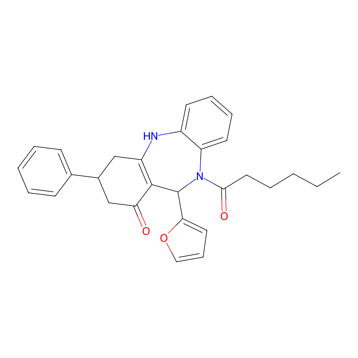 6-(furan-2-yl)-5-hexanoyl-9-phenyl-8,9,10,11-tetrahydro-6H-benzo[b][1,4]benzodiazepin-7-one molecular structure, CAS 438528-42-8