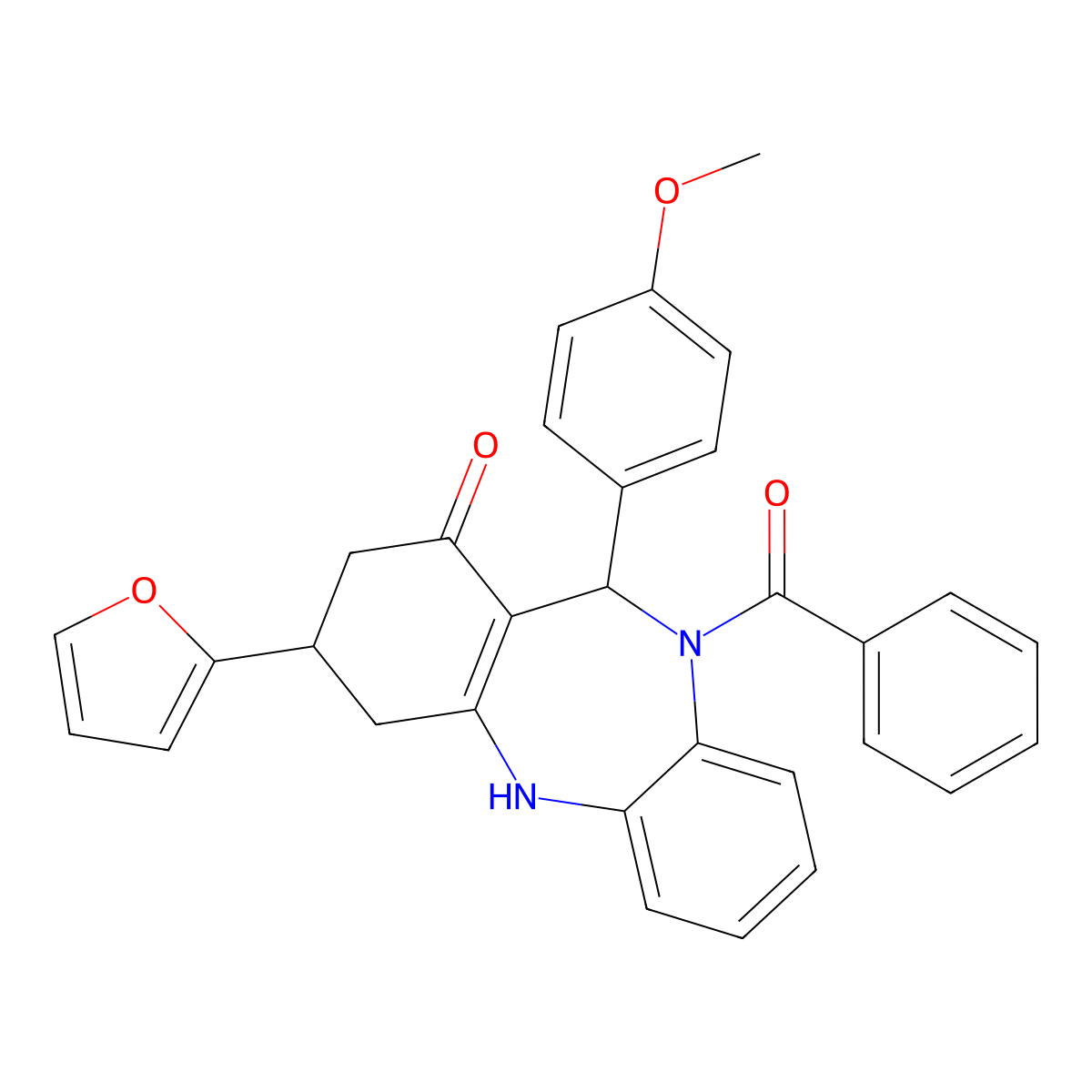 5-benzoyl-9-(furan-2-yl)-6-(4-methoxyphenyl)-8,9,10,11-tetrahydro-6H-benzo[b][1,4]benzodiazepin-7-one molecular structure, CAS 438528-43-9