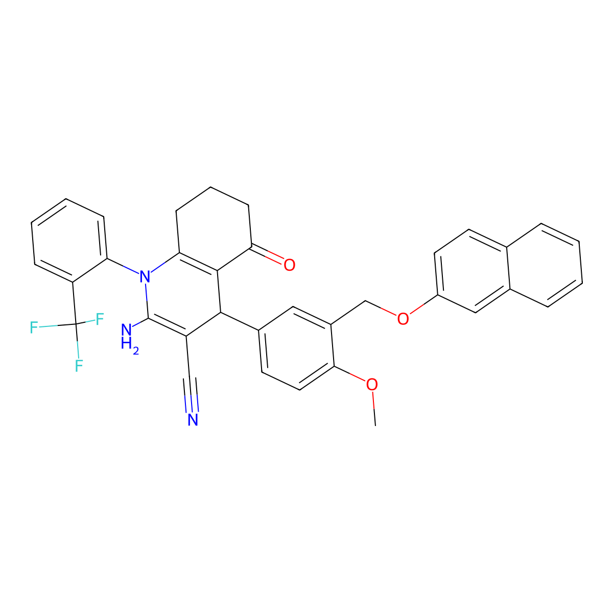 2-Amino-4-[4-methoxy-3-(naphthalen-2-yloxymethyl)phenyl]-5-oxo-1-[2-(trifluoromethyl)phenyl]-4,6,7,8-tetrahydroquinoline-3-carbonitrile molecular structure, CAS 438529-84-1
