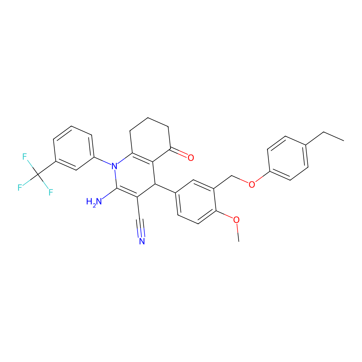 2-Amino-4-[3-[(4-ethylphenoxy)methyl]-4-methoxyphenyl]-5-oxo-1-[3-(trifluoromethyl)phenyl]-4,6,7,8-tetrahydroquinoline-3-carbonitrile molecular structure, CAS 438530-02-0