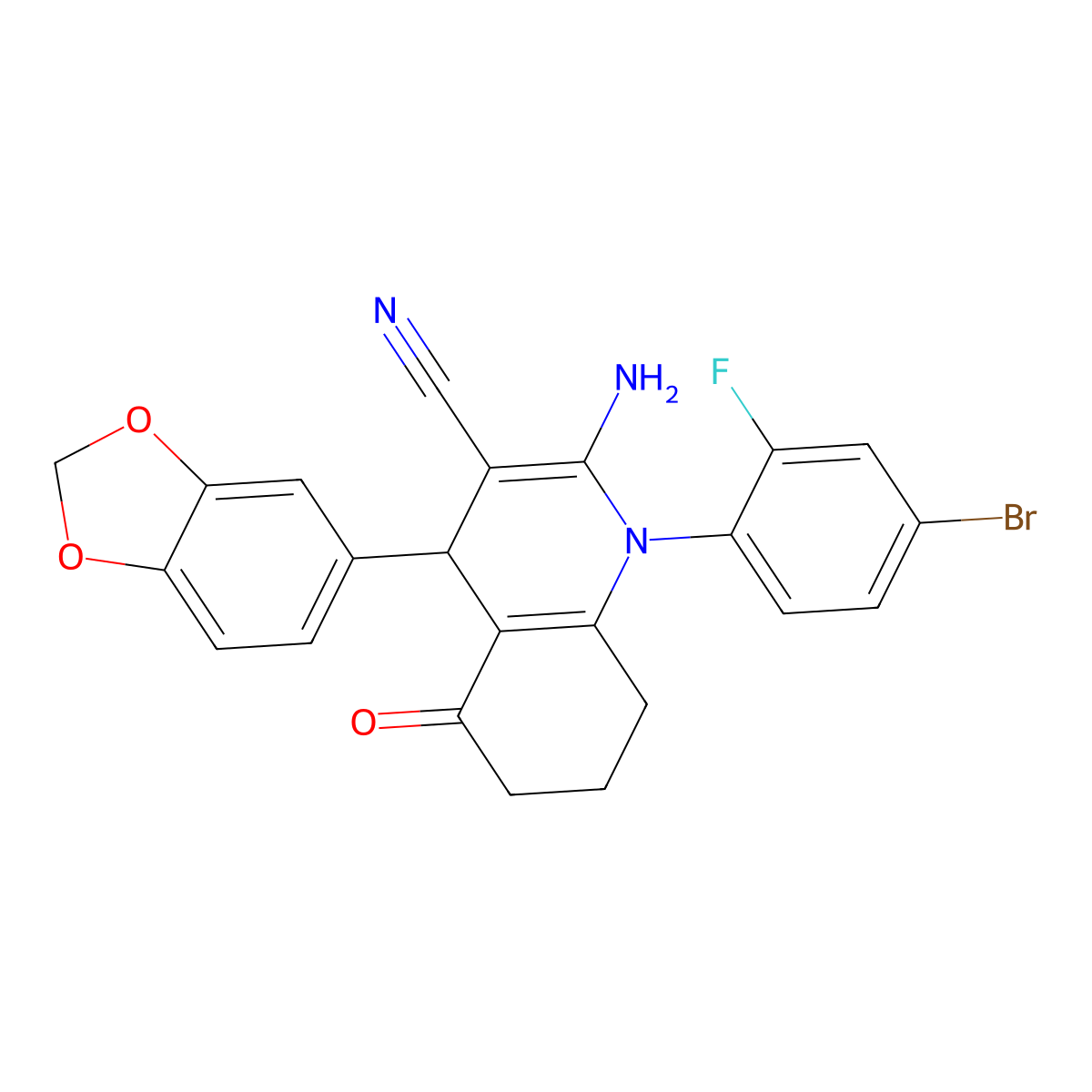 2-Amino-4-(1,3-benzodioxol-5-yl)-1-(4-bromo-2-fluorophenyl)-5-oxo-4,6,7,8-tetrahydroquinoline-3-carbonitrile molecular structure, CAS 438530-03-1