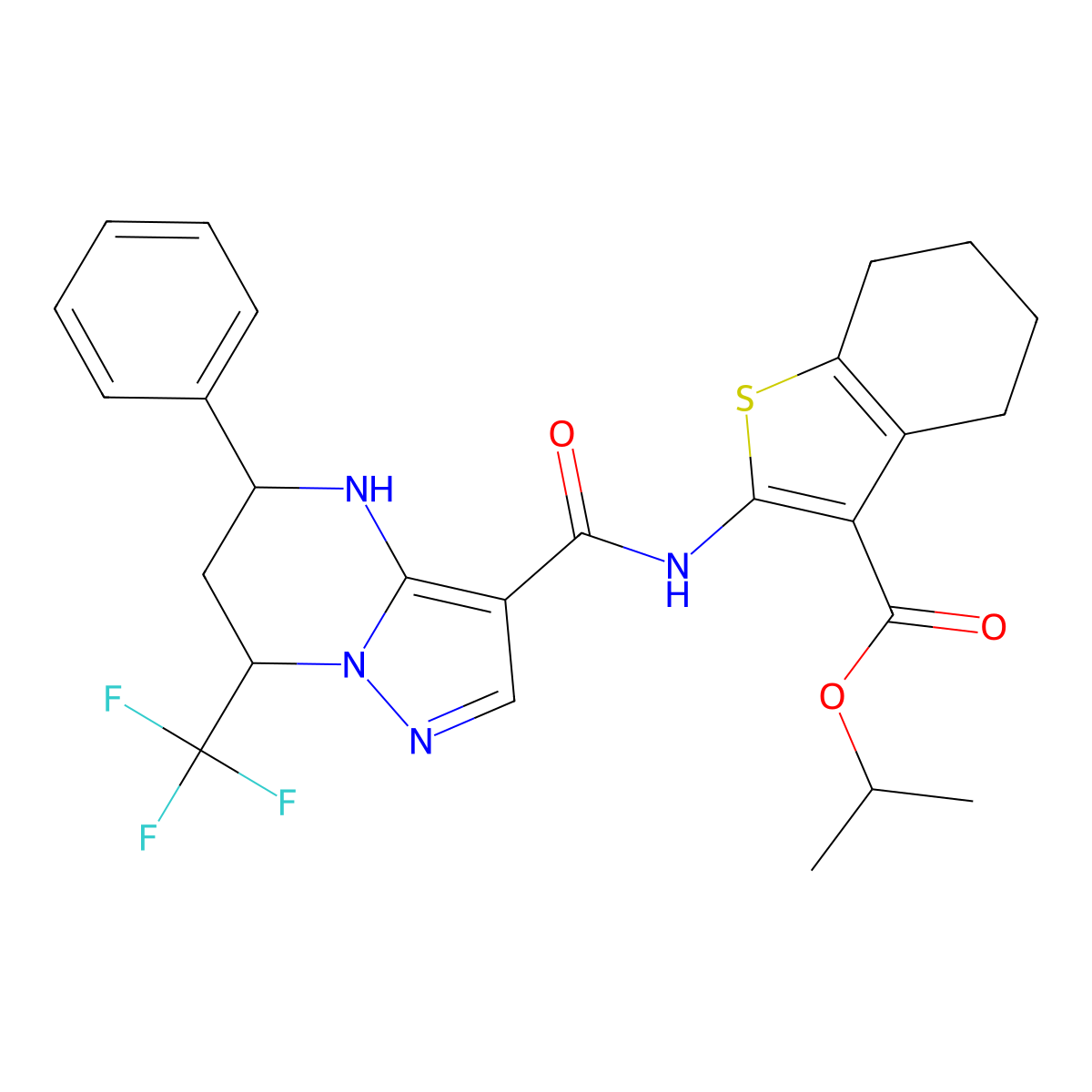 Isopropyl 2-({[5-phenyl-7-(trifluoromethyl)-4,5,6,7-tetrahydropyrazolo[1,5-a]pyrimidin-3-yl]carbonyl}amino)-4,5,6,7-tetrahydro-1-benzothiophene-3-carboxylate molecular structure, CAS 438530-71-3