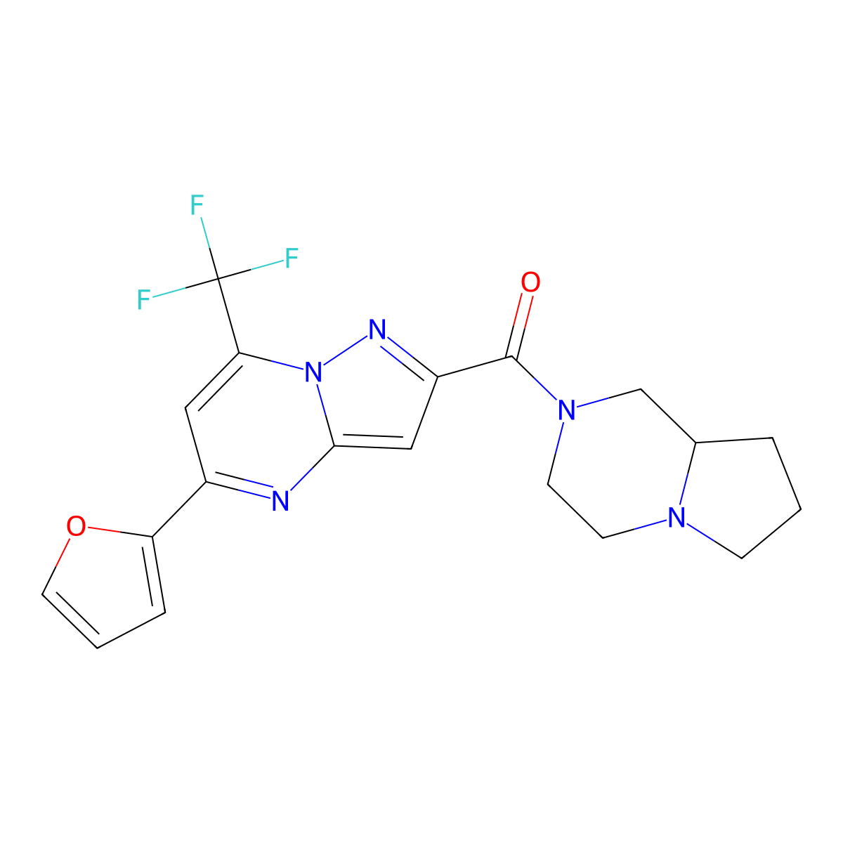 (5-(2-Furanyl)-7-(trifluoromethyl)pyrazolo(1,5-a)pyrimidin-2-yl)(hexahydropyrrolo(1,2-a)pyrazin-2(1H)-yl)methanone molecular structure, CAS 438530-92-8