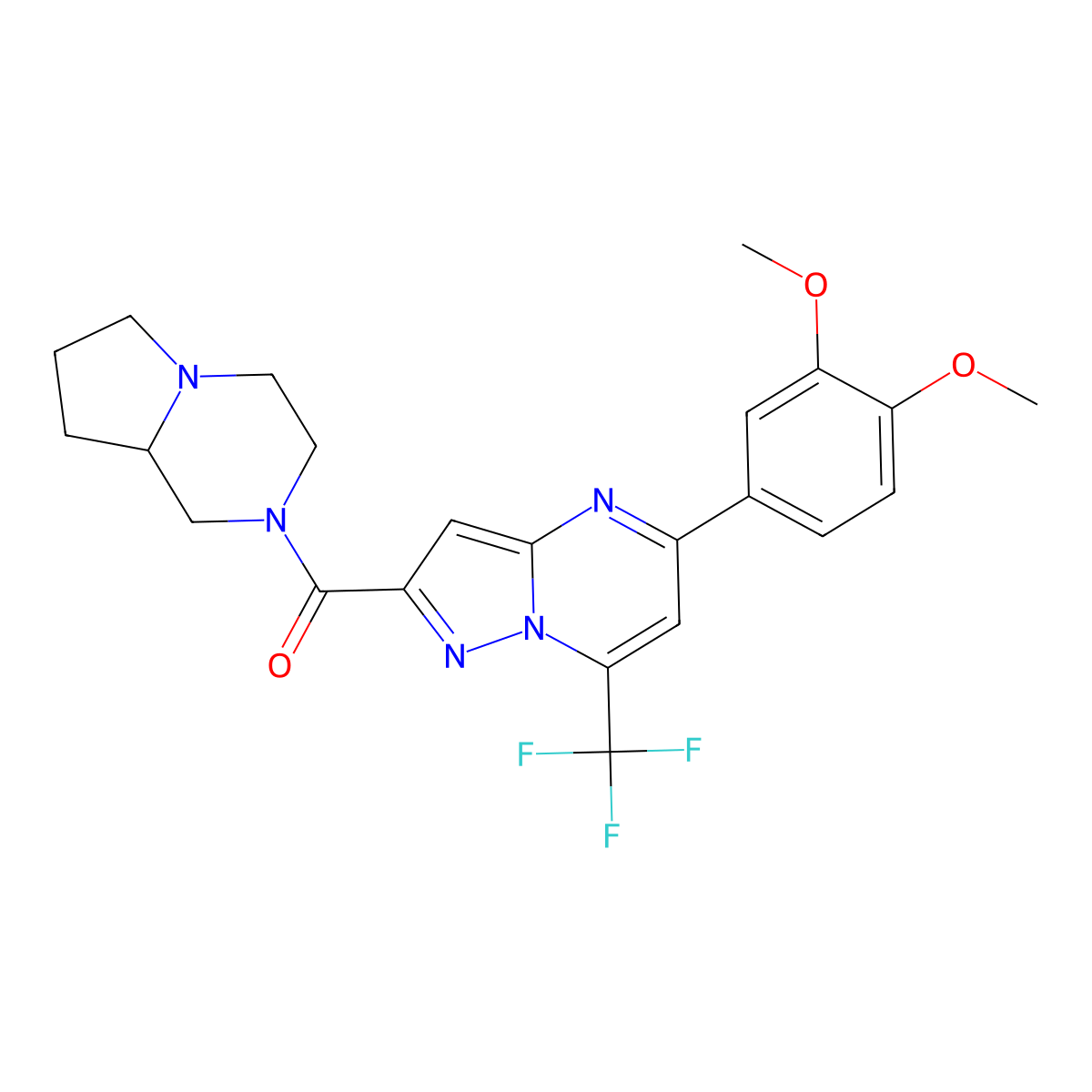 5-(3,4-dimethoxyphenyl)-2-(hexahydropyrrolo[1,2-a]pyrazin-2(1H)-ylcarbonyl)-7-(trifluoromethyl)pyrazolo[1,5-a]pyrimidine molecular structure, CAS 438531-33-0