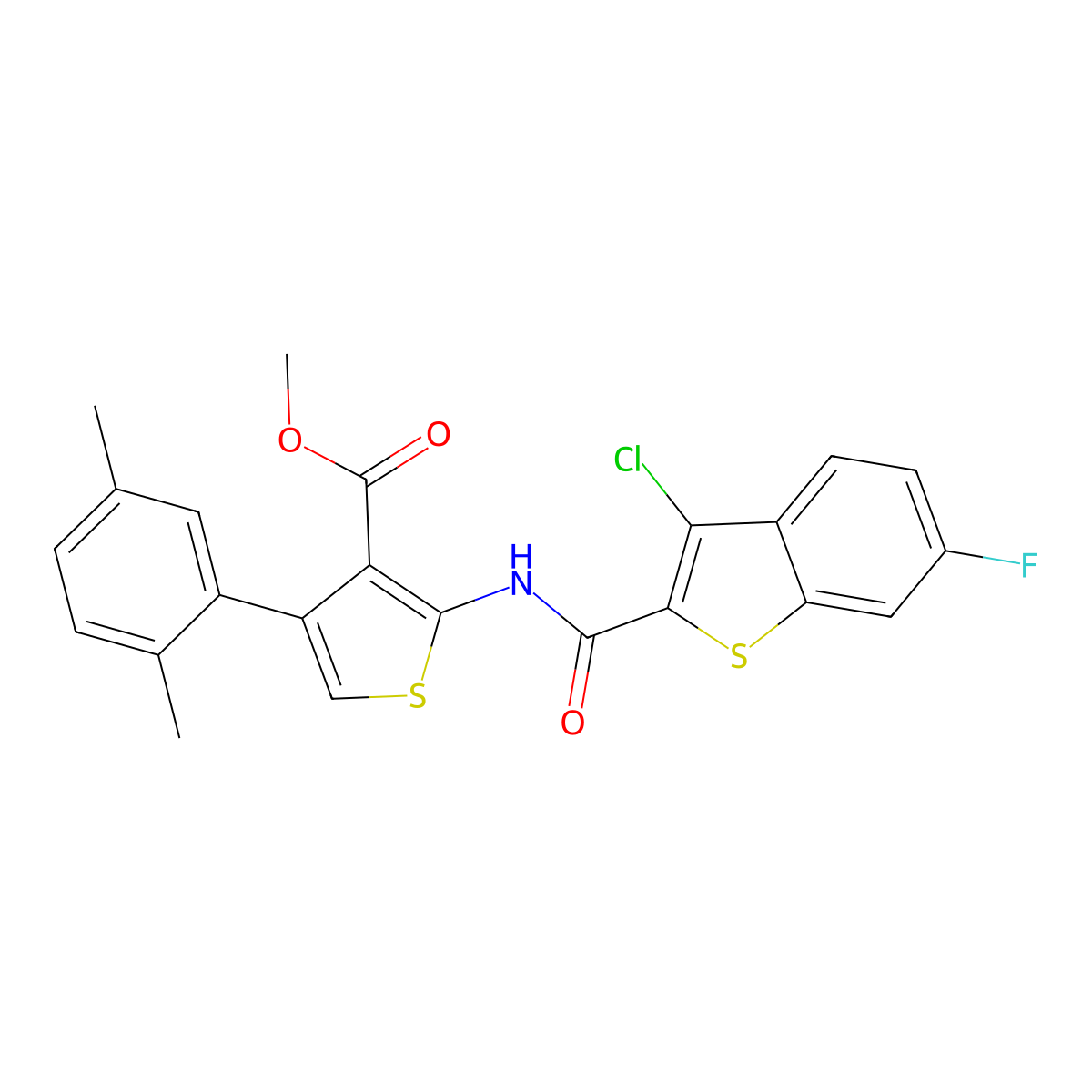 Methyl 2-[(3-chloro-6-fluoro-1-benzothiophene-2-carbonyl)amino]-4-(2,5-dimethylphenyl)thiophene-3-carboxylate molecular structure, CAS 438531-51-2
