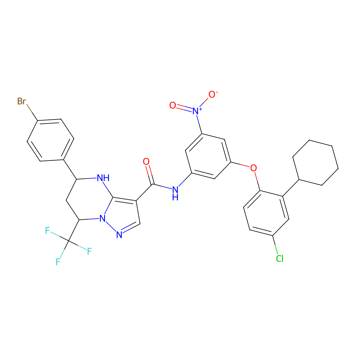 5-(4-bromophenyl)-N-{3-(4-chloro-2-cyclohexylphenoxy)-5-nitrophenyl}-7-(trifluoromethyl)-4,5,6,7-tetrahydropyrazolo[1,5-a]pyrimidine-3-carboxamide molecular structure, CAS 438531-90-9