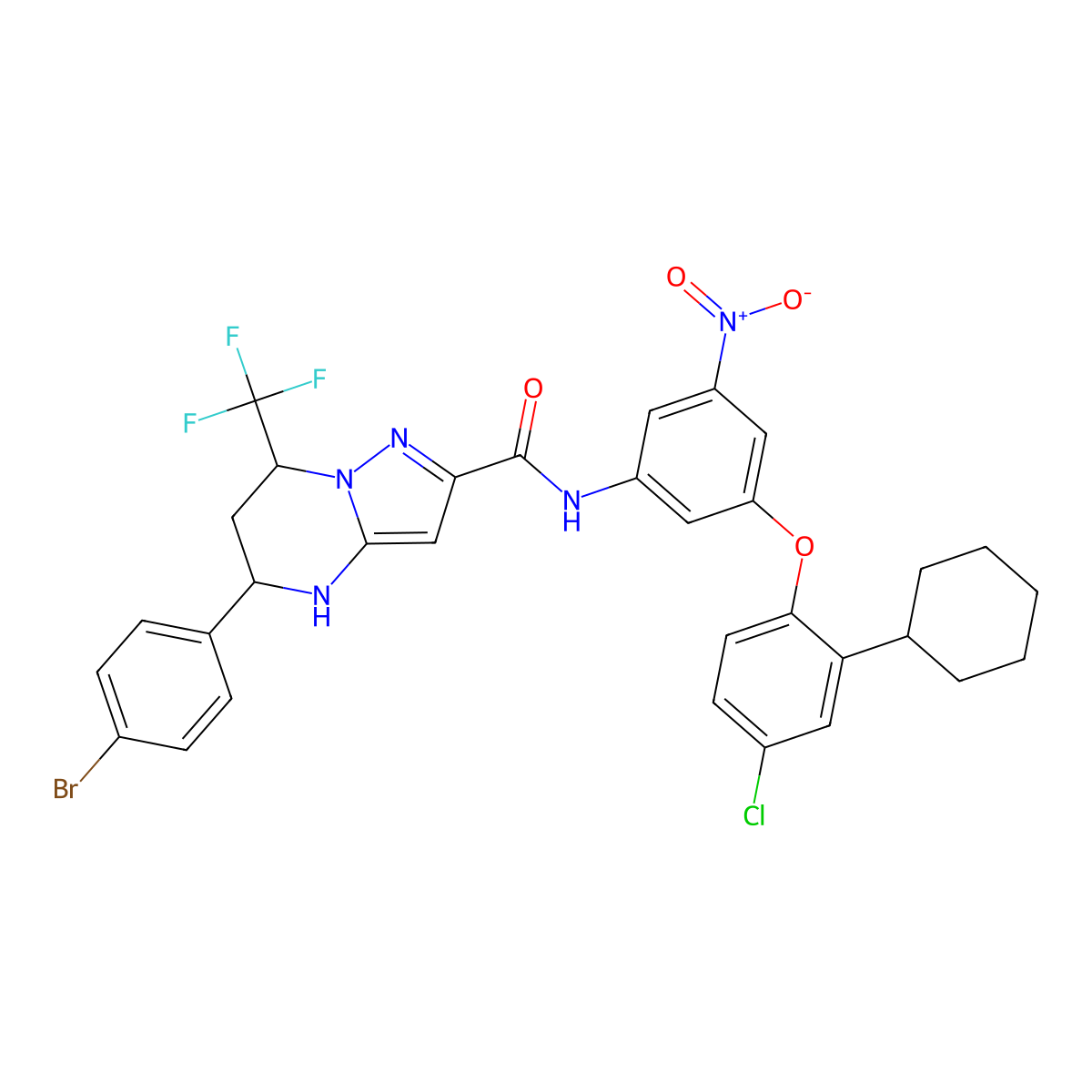 5-(4-bromophenyl)-N-{3-(4-chloro-2-cyclohexylphenoxy)-5-nitrophenyl}-7-(trifluoromethyl)-4,5,6,7-tetrahydropyrazolo[1,5-a]pyrimidine-2-carboxamide molecular structure, CAS 438531-93-2