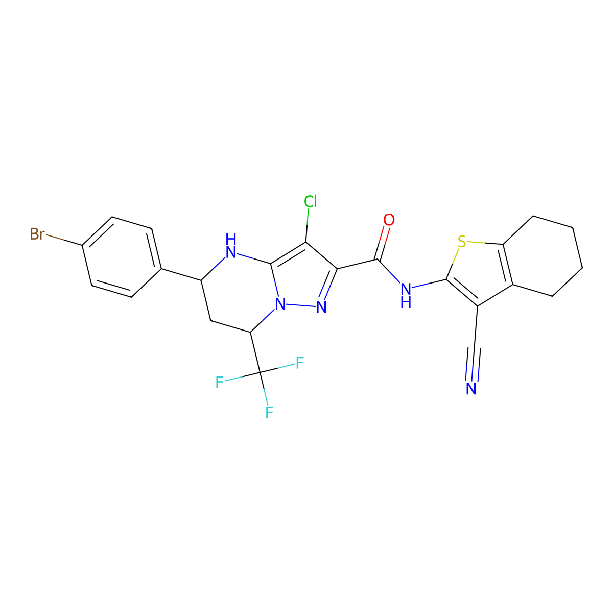 5-(4-bromophenyl)-3-chloro-N-(3-cyano-4,5,6,7-tetrahydro-1-benzothien-2-yl)-7-(trifluoromethyl)-4,5,6,7-tetrahydropyrazolo[1,5-a]pyrimidine-2-carboxamide molecular structure, CAS 438532-00-4
