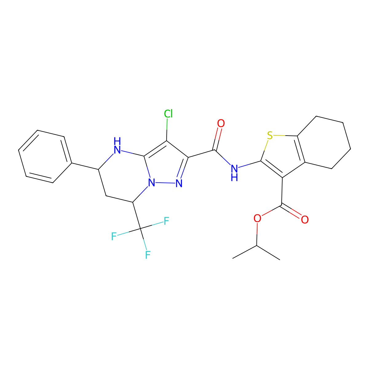 Isopropyl 2-({[3-chloro-5-phenyl-7-(trifluoromethyl)-4,5,6,7-tetrahydropyrazolo[1,5-a]pyrimidin-2-yl]carbonyl}amino)-4,5,6,7-tetrahydro-1-benzothiophene-3-carboxylate molecular structure, CAS 438532-03-7