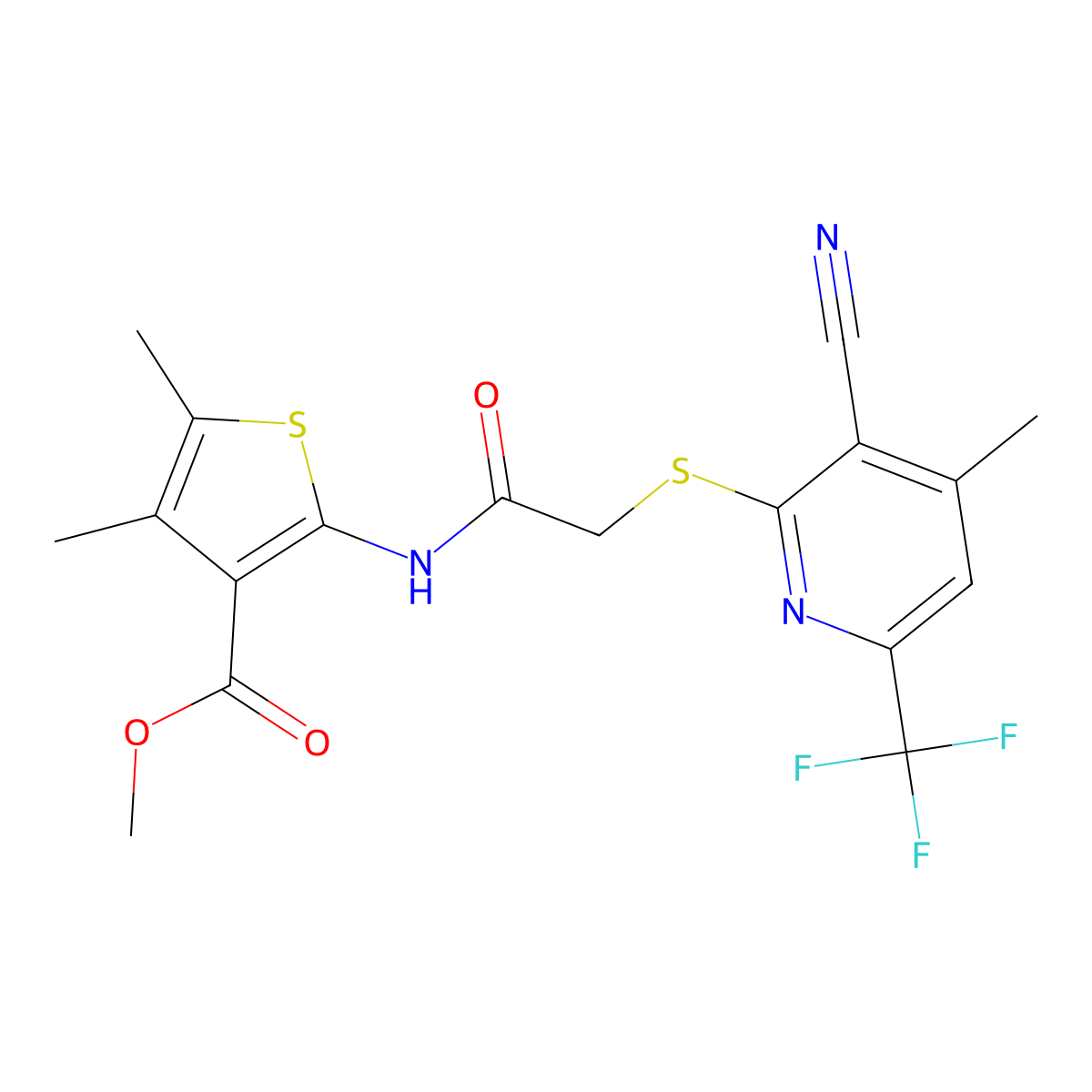 Methyl 2-[({[3-cyano-4-methyl-6-(trifluoromethyl)pyridin-2-yl]sulfanyl}acetyl)amino]-4,5-dimethylthiophene-3-carboxylate molecular structure, CAS 438532-05-9