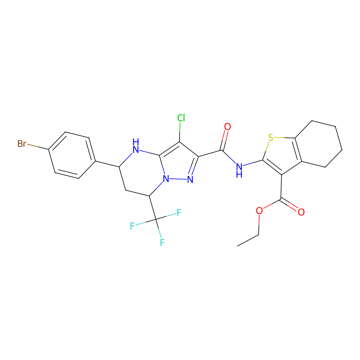 Ethyl 2-({[5-(4-bromophenyl)-3-chloro-7-(trifluoromethyl)-4,5,6,7-tetrahydropyrazolo[1,5-a]pyrimidin-2-yl]carbonyl}amino)-4,5,6,7-tetrahydro-1-benzothiophene-3-carboxylate molecular structure, CAS 438532-06-0