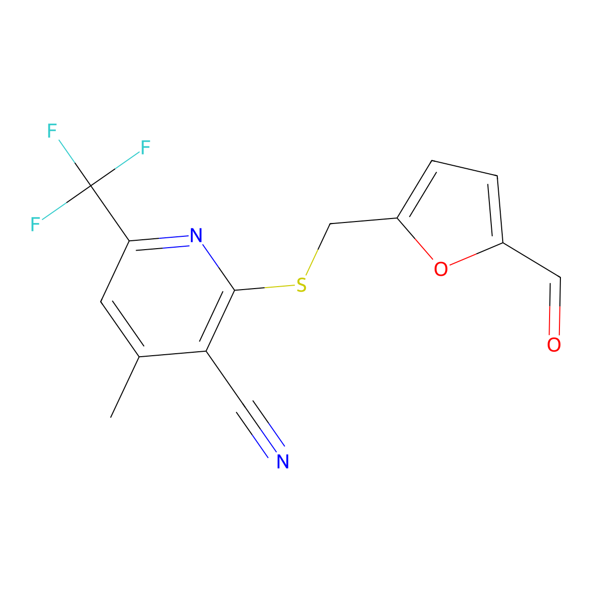 2-[(5-Formylfuran-2-yl)methylsulfanyl]-4-methyl-6-(trifluoromethyl)pyridine-3-carbonitrile molecular structure, CAS 438532-07-1