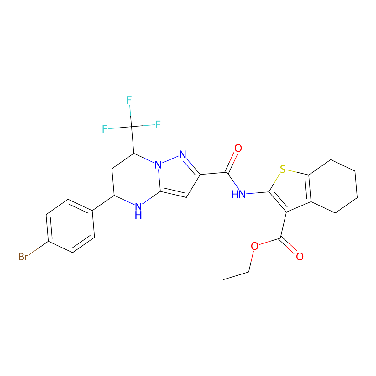 Ethyl 2-({[5-(4-bromophenyl)-7-(trifluoromethyl)-4,5,6,7-tetrahydropyrazolo[1,5-a]pyrimidin-2-yl]carbonyl}amino)-4,5,6,7-tetrahydro-1-benzothiophene-3-carboxylate molecular structure, CAS 438532-28-6