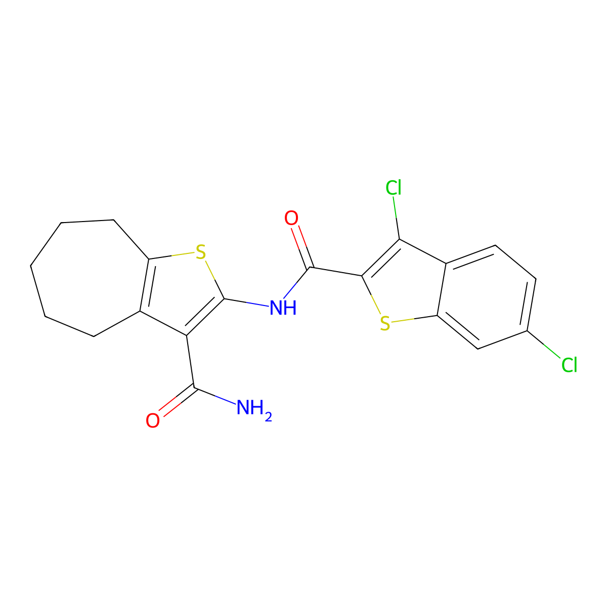 2-[(3,6-dichloro-1-benzothiophene-2-carbonyl)amino]-5,6,7,8-tetrahydro-4H-cyclohepta[b]thiophene-3-carboxamide molecular structure, CAS 438532-30-0