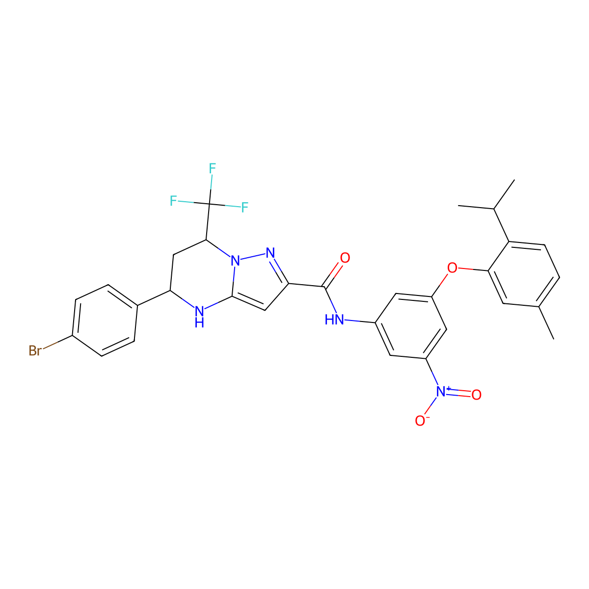 5-(4-Bromophenyl)-4,5,6,7-tetrahydro-N-(3-(5-methyl-2-(1-methylethyl)phenoxy)-5-nitrophenyl)-7-(trifluoromethyl)pyrazolo(1,5-a)pyrimidine-2-carboxamide molecular structure, CAS 438532-75-3