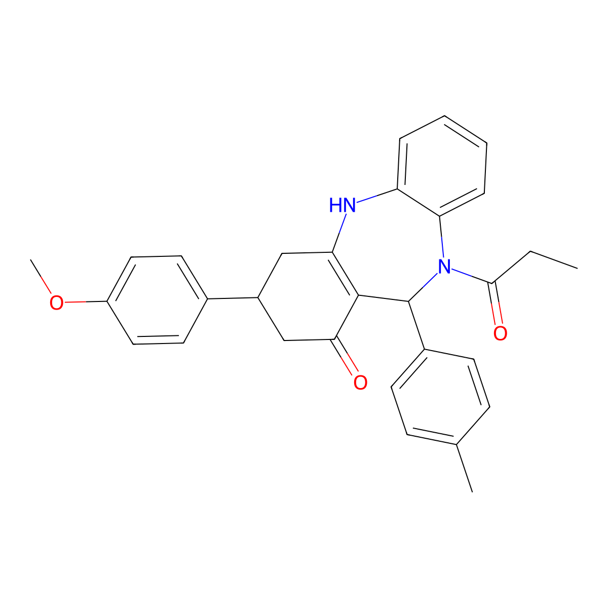9-(4-methoxyphenyl)-6-(4-methylphenyl)-5-propanoyl-8,9,10,11-tetrahydro-6H-benzo[b][1,4]benzodiazepin-7-one molecular structure, CAS 438532-98-0