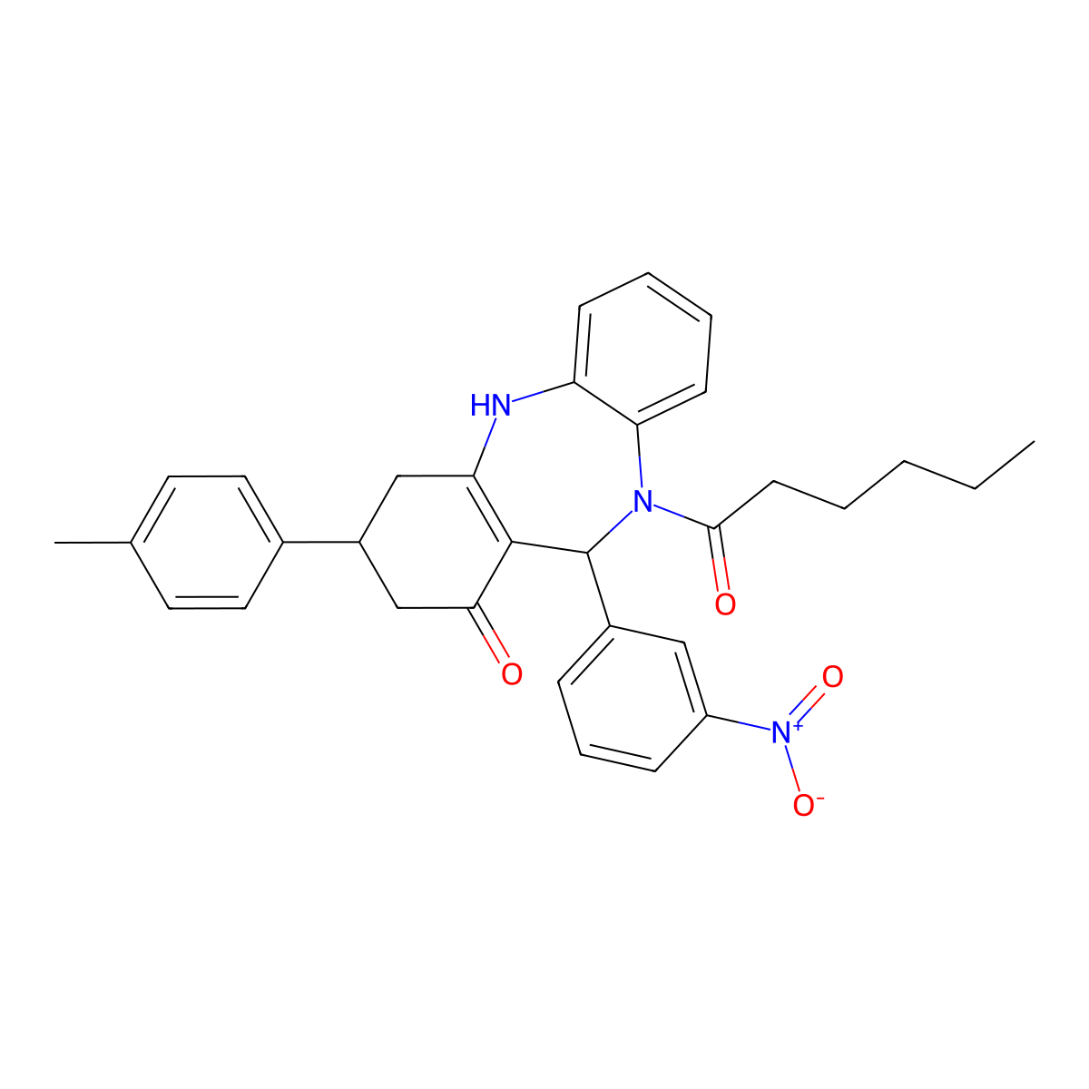 5-hexanoyl-9-(4-methylphenyl)-6-(3-nitrophenyl)-8,9,10,11-tetrahydro-6H-benzo[b][1,4]benzodiazepin-7-one molecular structure, CAS 438533-31-4