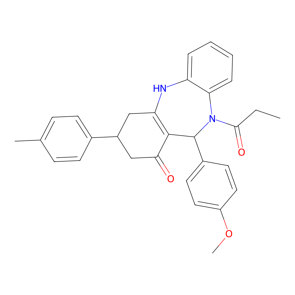 6-(4-methoxyphenyl)-9-(4-methylphenyl)-5-propanoyl-8,9,10,11-tetrahydro-6H-benzo[b][1,4]benzodiazepin-7-one molecular structure, CAS 438537-70-3