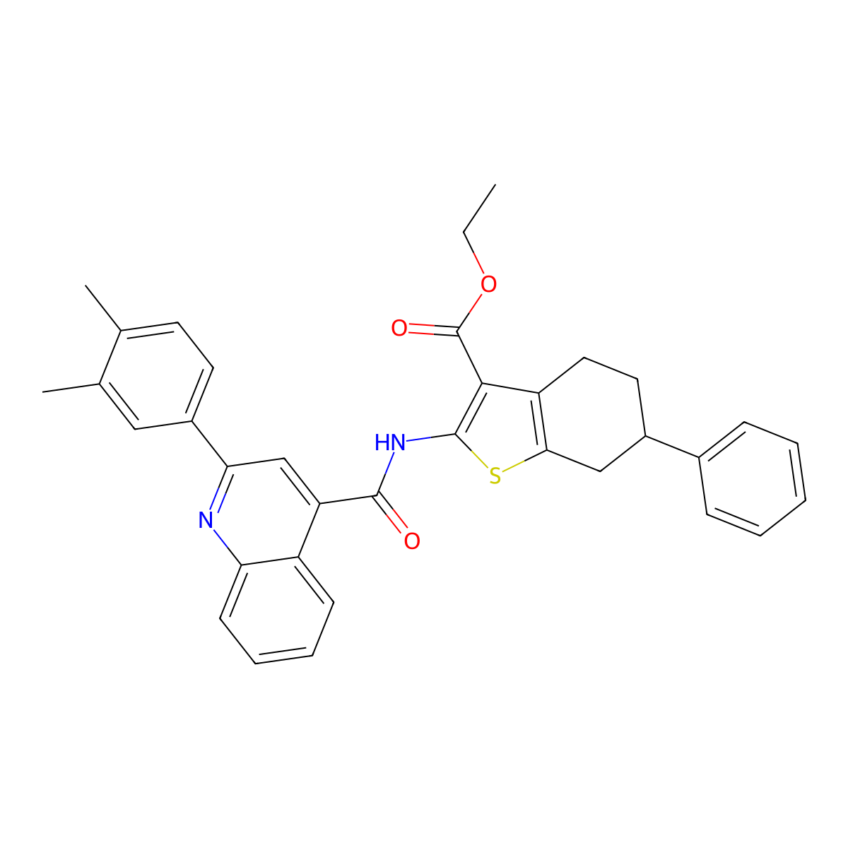 Ethyl 2-({[2-(3,4-dimethylphenyl)quinolin-4-yl]carbonyl}amino)-6-phenyl-4,5,6,7-tetrahydro-1-benzothiophene-3-carboxylate molecular structure, CAS 438537-94-1
